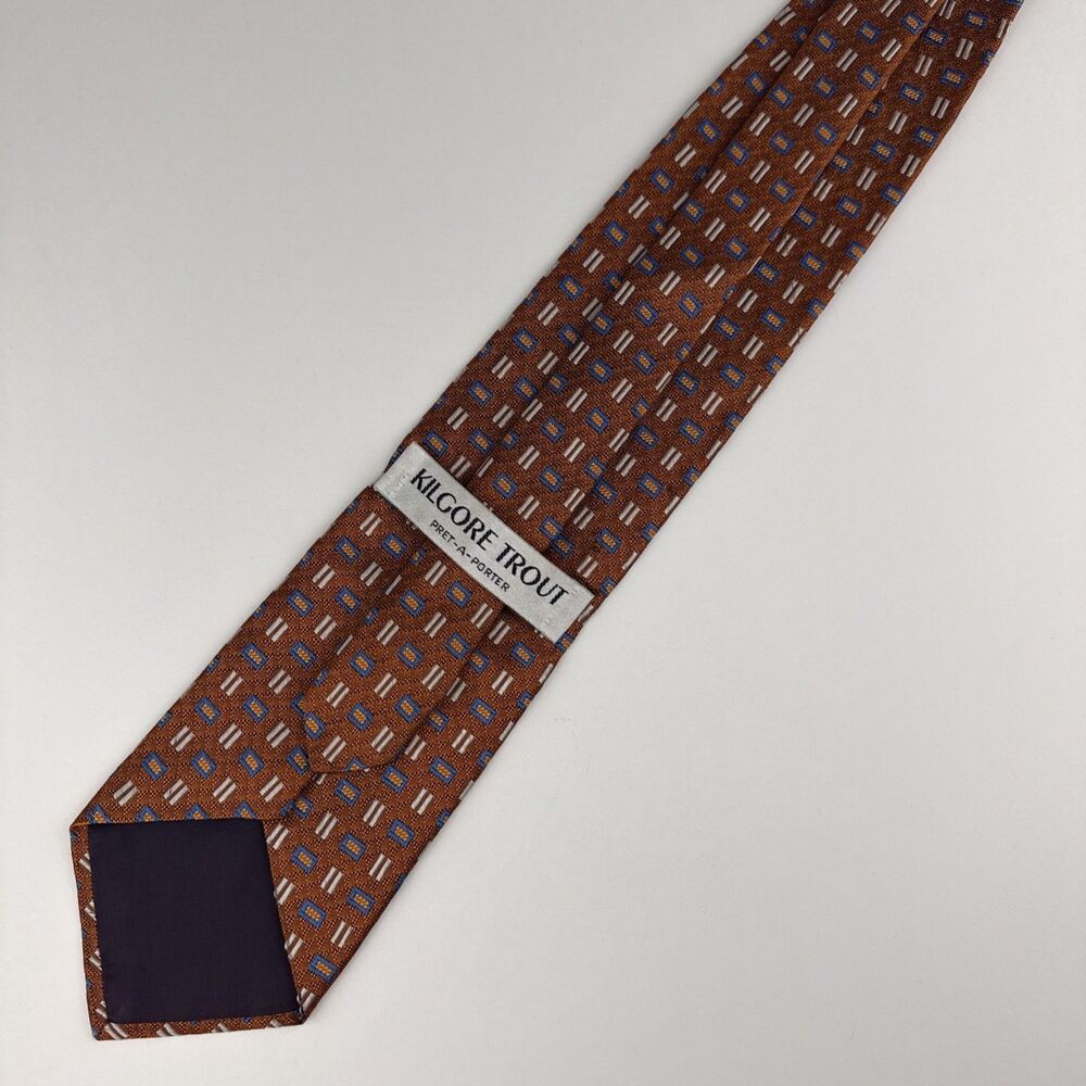 Vintage Kilgore Trout 100% Silk Tie Orange Geometric Men’s Neck Tie 58.5" x3.5"